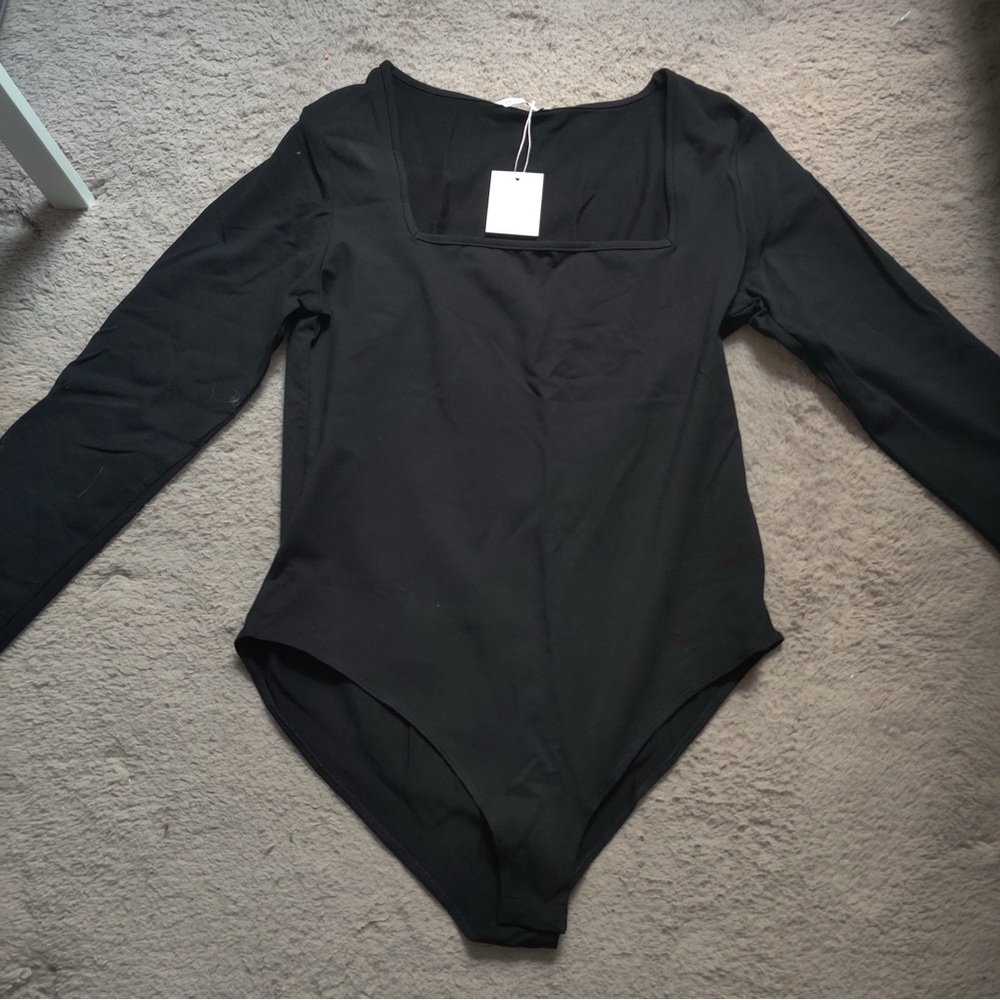 Elegant Black Square Neck Long Sleeve Bodysuit Top Blouse Shirt - Picture 2 of 7